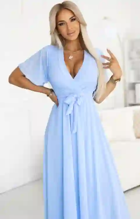 Sukienka maxi z plisowanym dekoltem i wiązaniem w talii Velvet